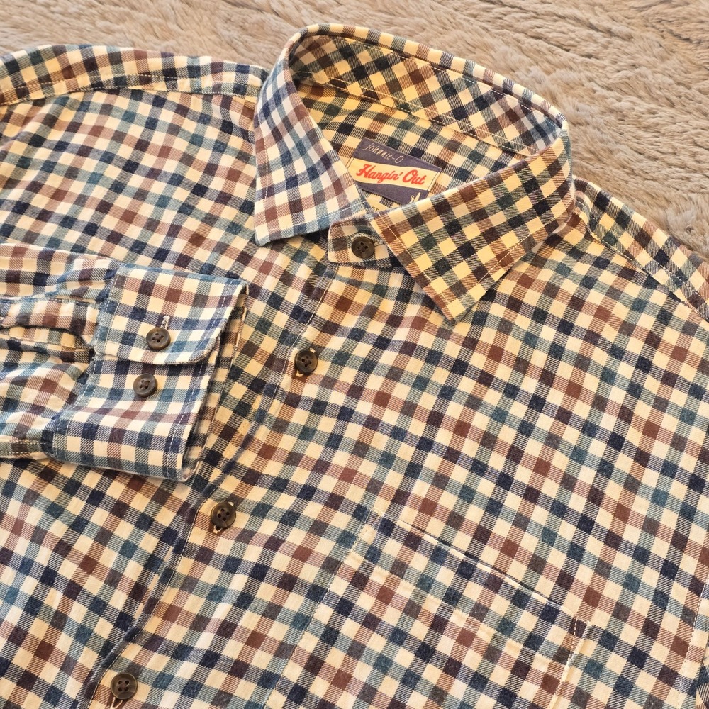 Johnnie-O Hangin Out Mens Large Blue‎ Brown Gingham Check Button Down Shirt